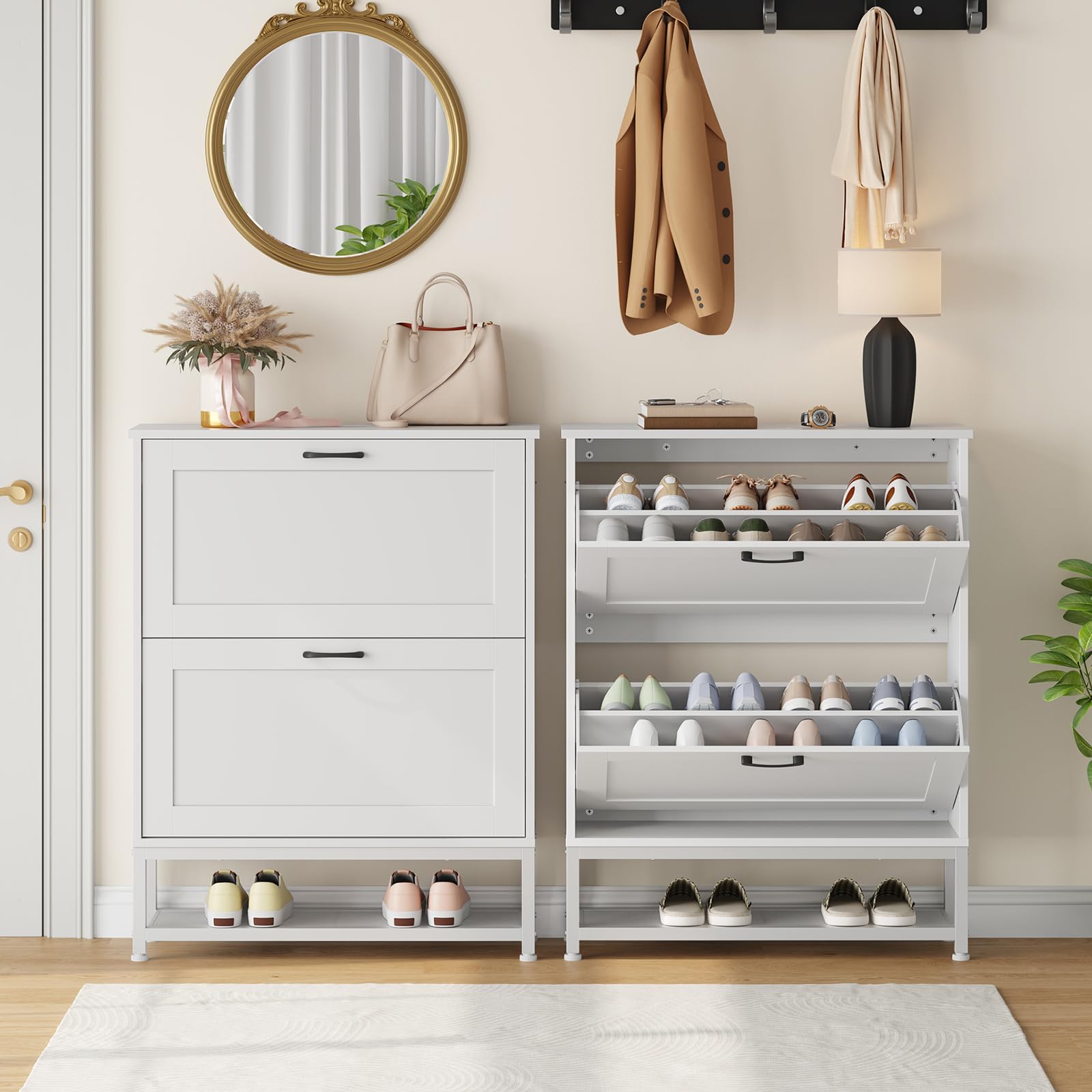 Two HOOBRO slim white hidden shoe cabinets placed in an entryway under a round mirror, one open and one closed.