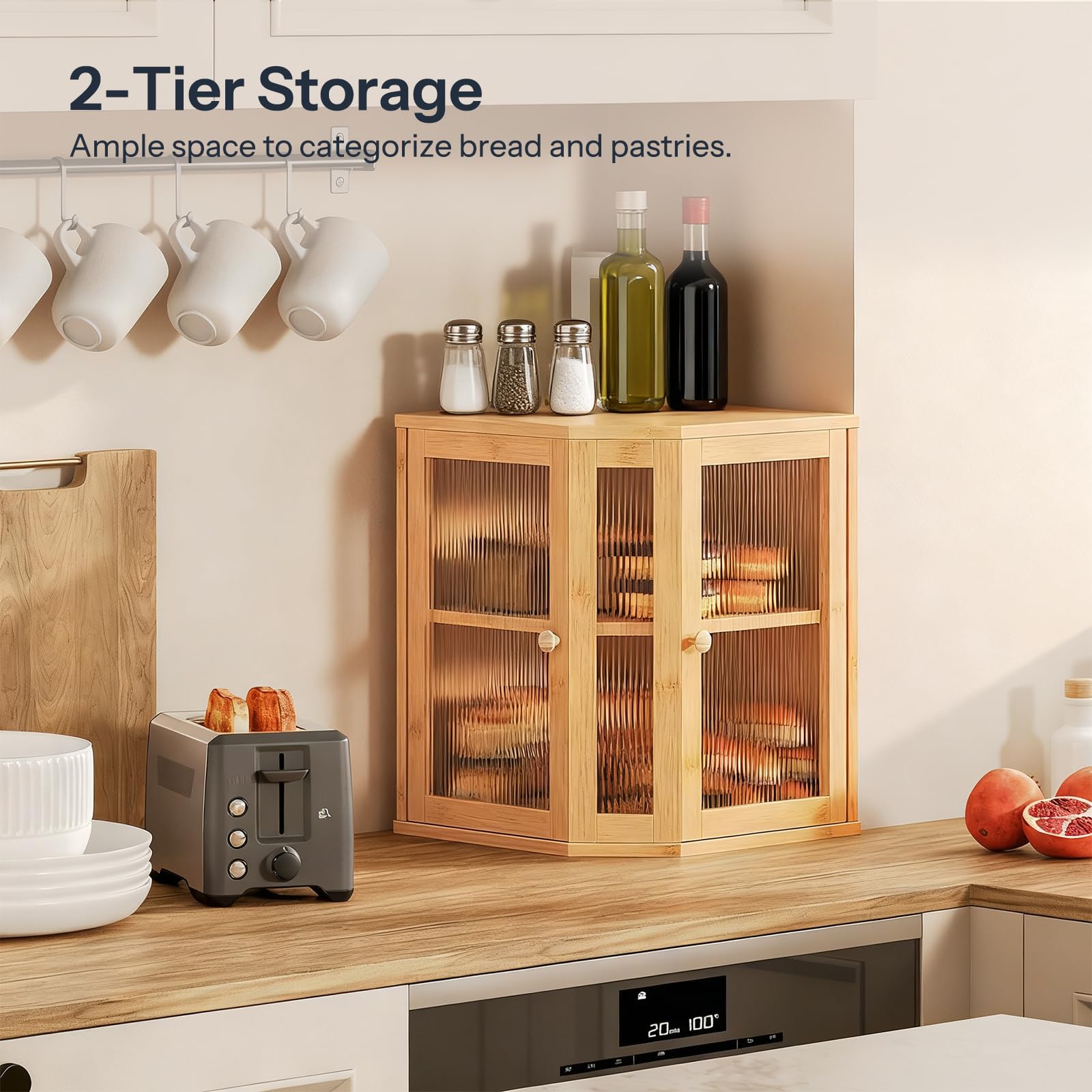 Wooden 2-tier storage cabinet with glass doors in a kitchen setting.
