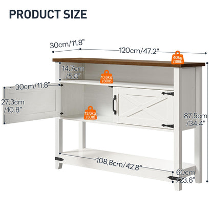 Detailed size chart and open door dimensions of HOOBRO white console cabinet