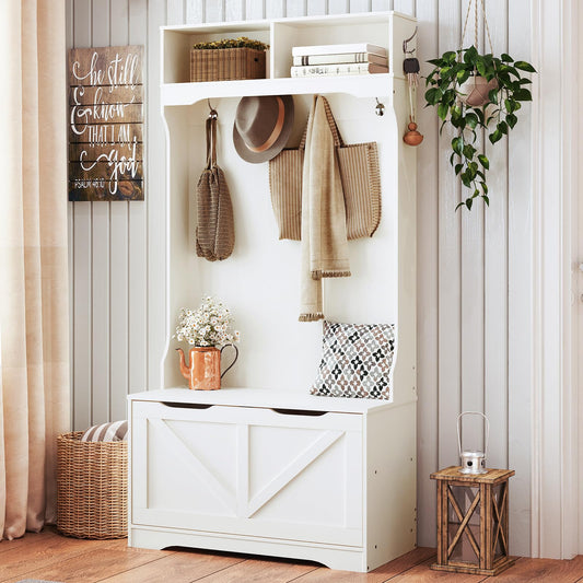 HOOBRO white hall tree with shoe bench and coat rack holding coats and hats in a rustic farmhouse entryway.