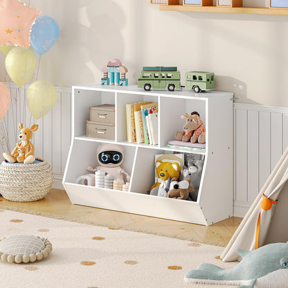 HOOBRO white kids toy storage organizer cabinet holding books and plush toys in a decorated playroom corner.