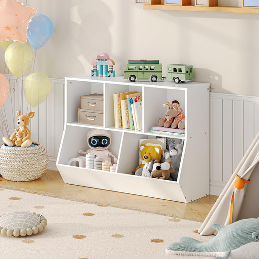 HOOBRO white kids toy storage organizer cabinet holding books and plush toys in a decorated playroom corner.