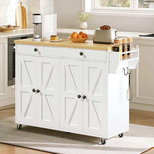 HOOBRO white rolling kitchen island cart with 4 barn doors and a wood top holding a toaster and coffee maker.