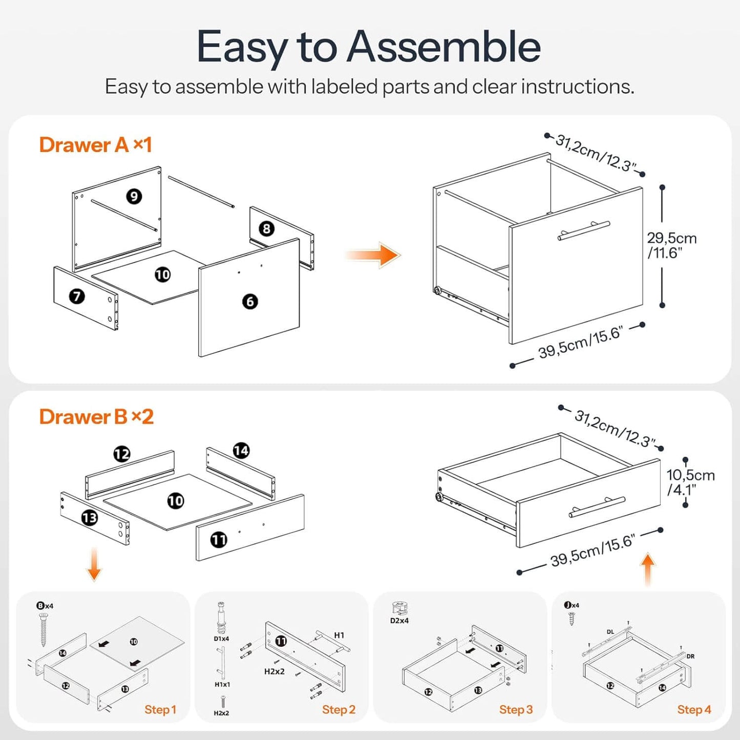 Assembly instructions for drawers with labeled parts and clear dimensions.