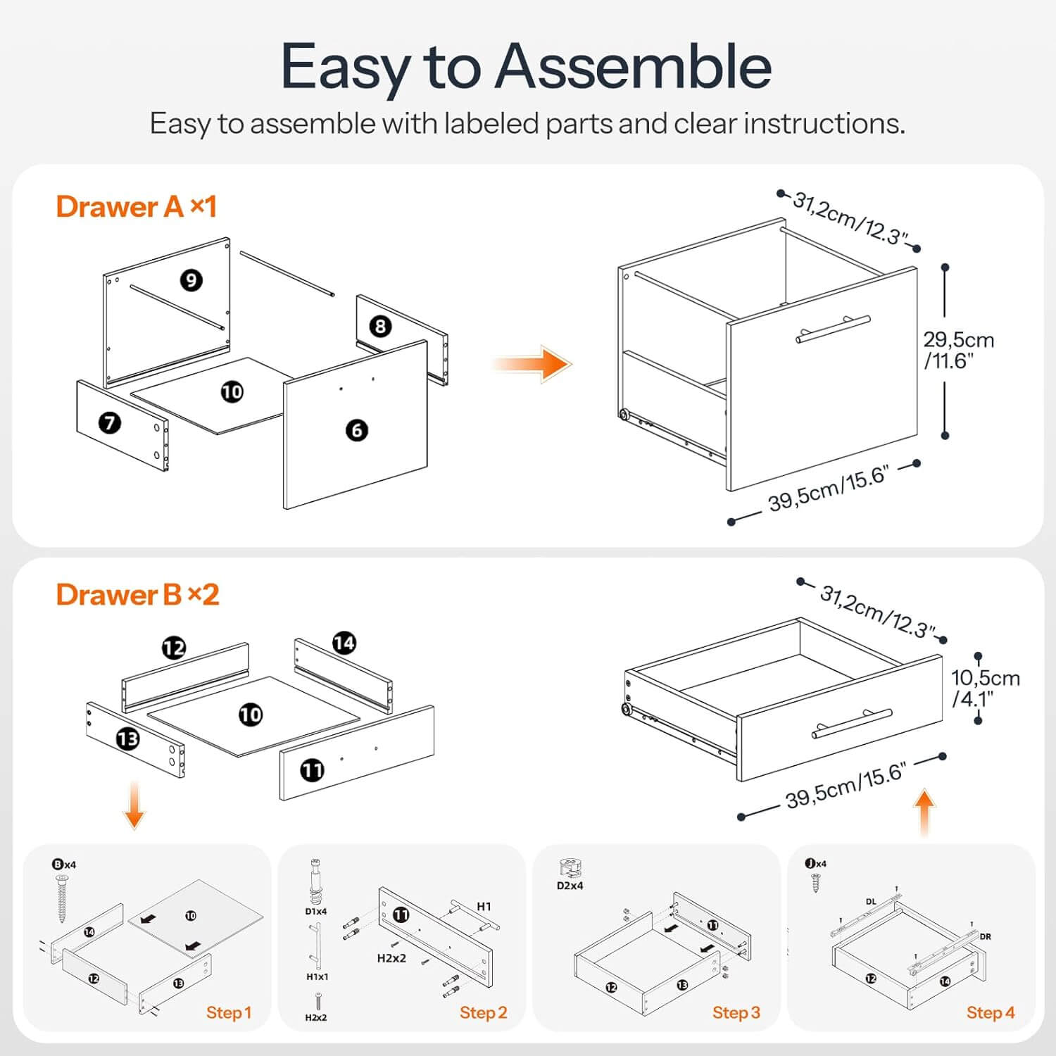 Assembly instructions for drawers with labeled parts and clear dimensions.