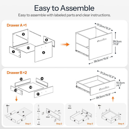 Assembly instructions for drawers with labeled parts and clear dimensions.