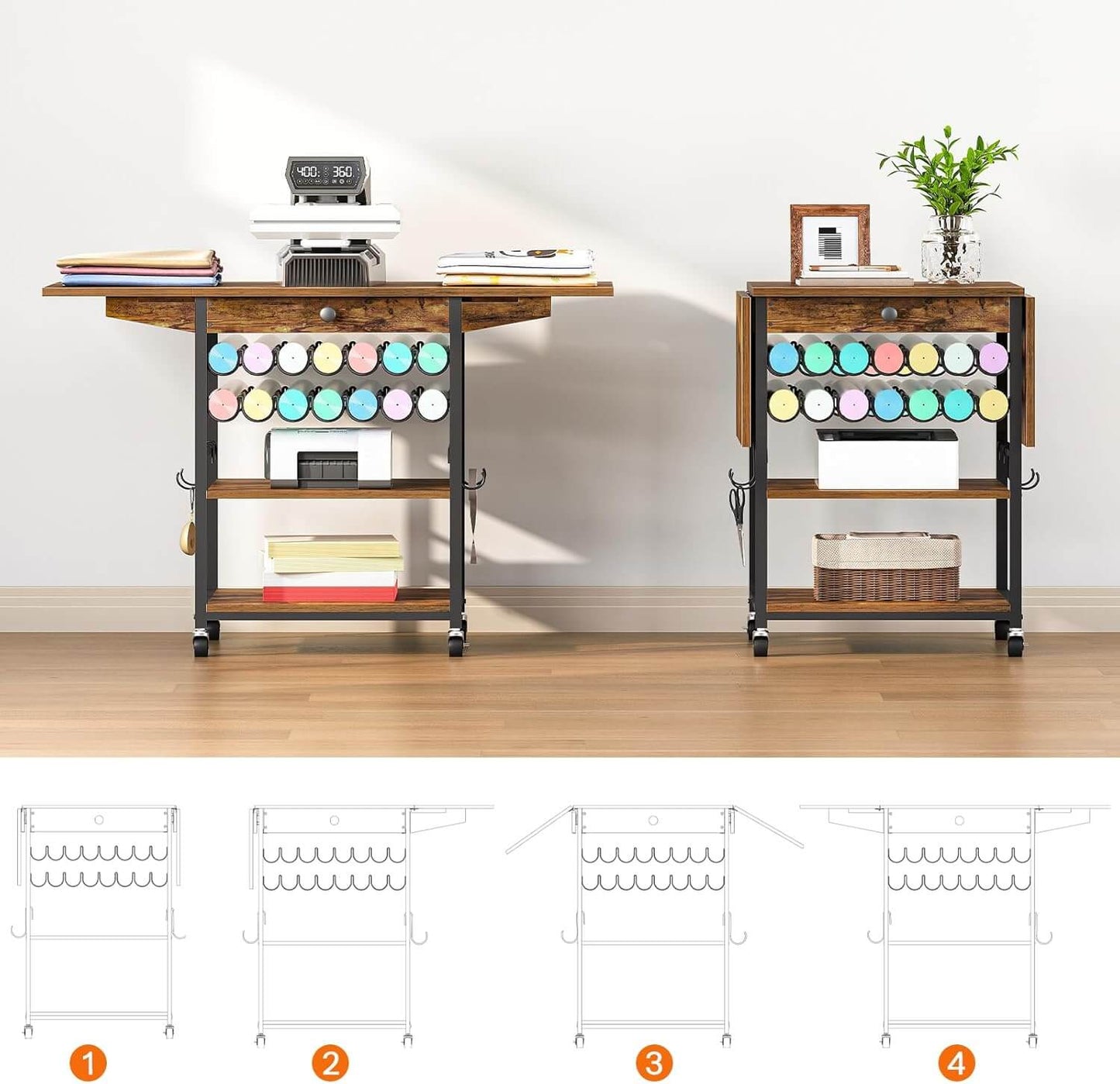 Wooden desk with storage shelves and a whiteboard in an office setting.