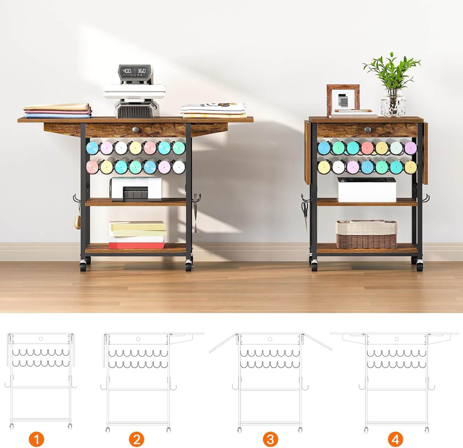 Wooden desk with storage shelves and a whiteboard in an office setting.