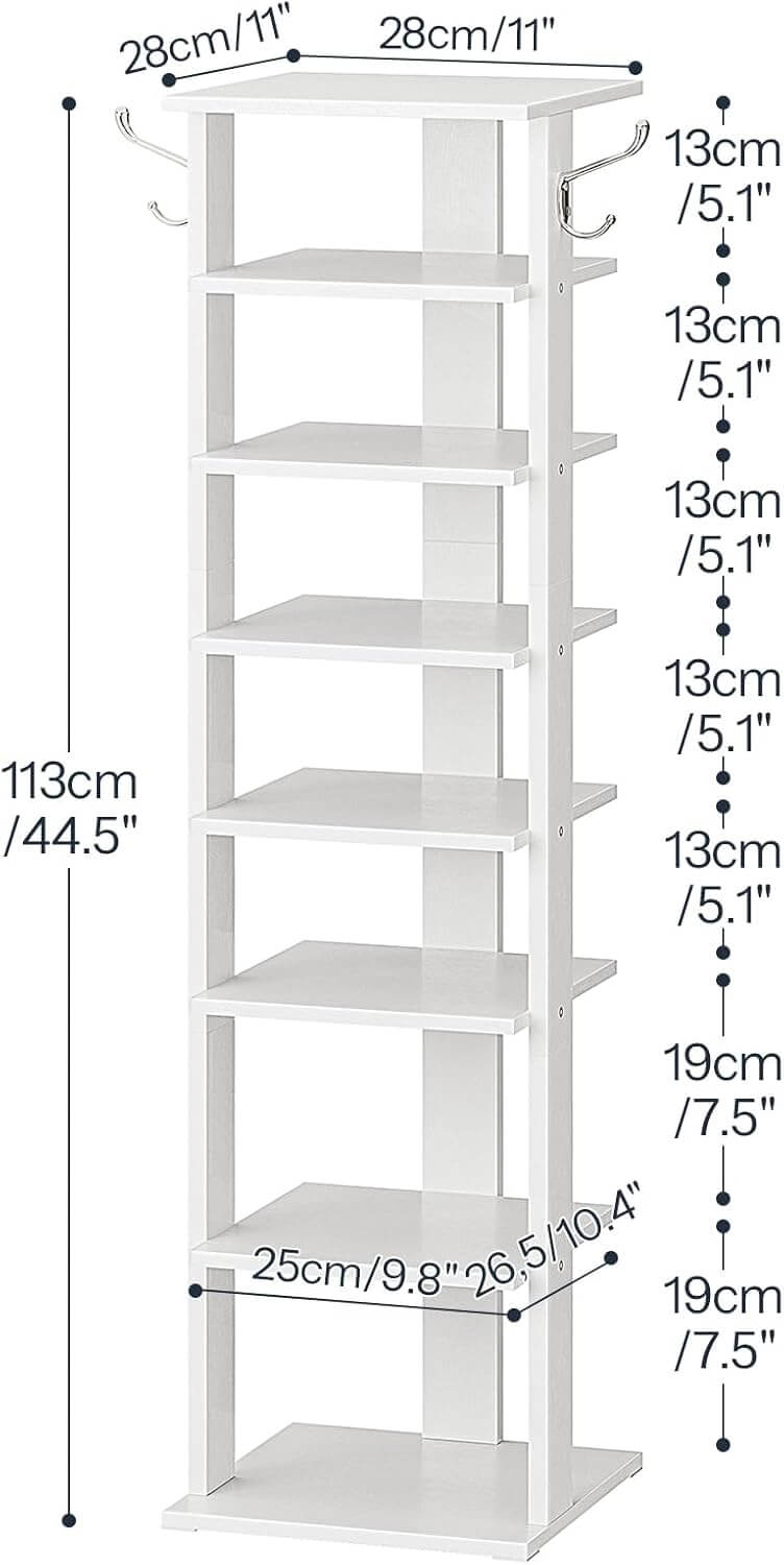 White bookshelf with dimensions indicated on a white background