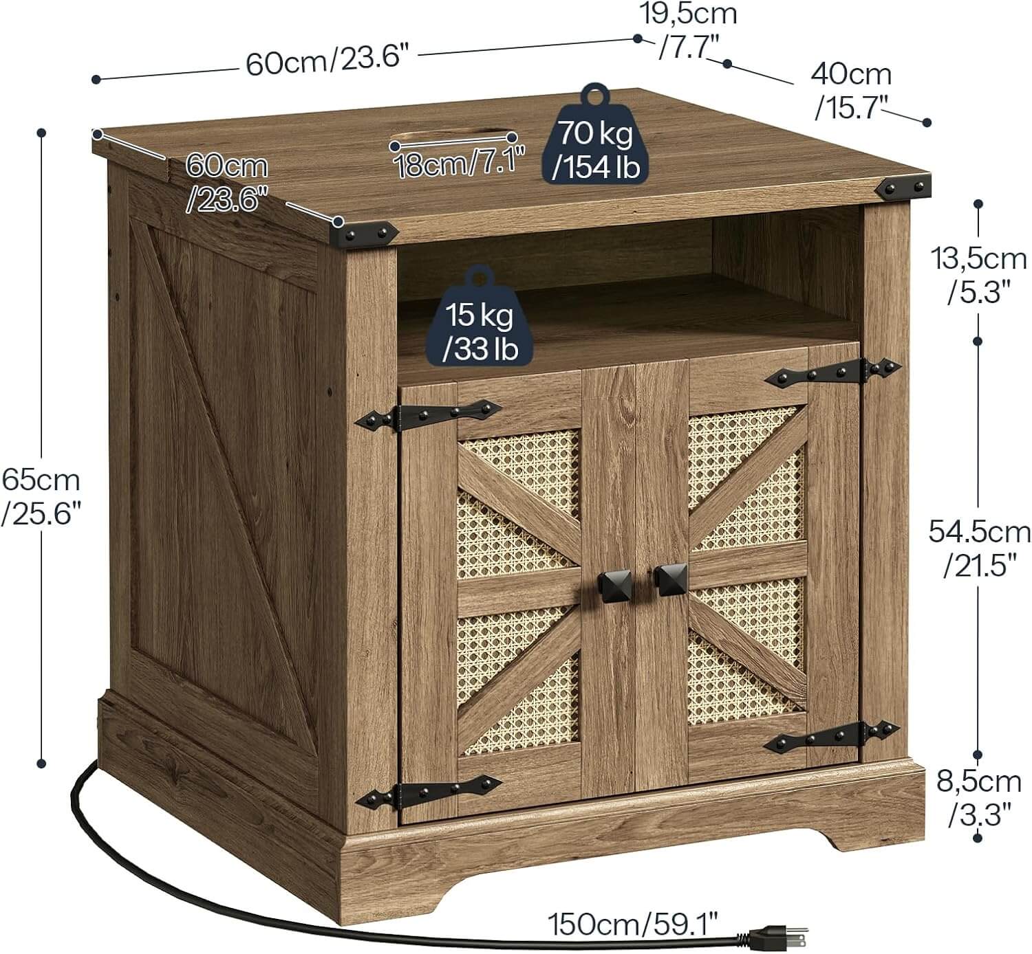 Wooden cabinet with dimensions and weight indicators on a white background