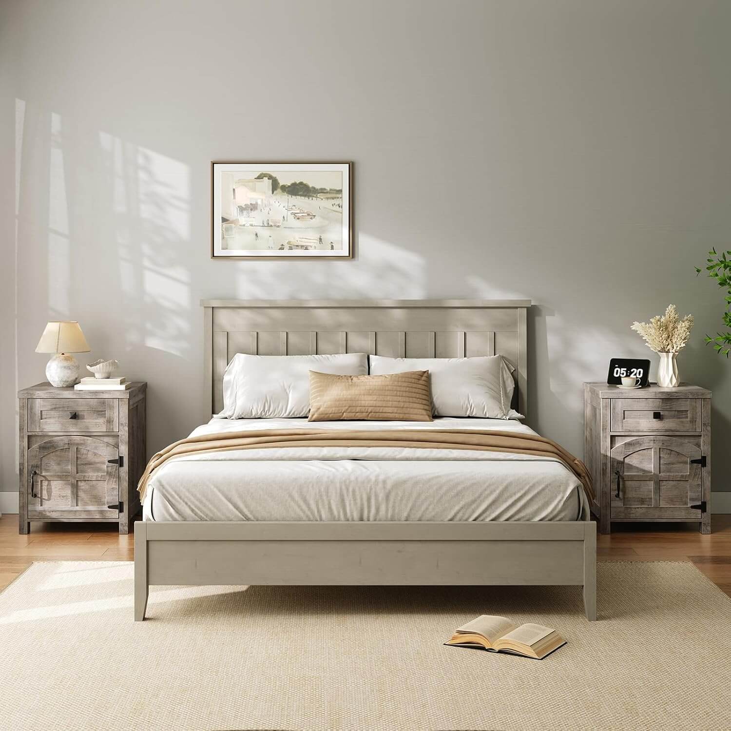 Neatly made bed with wooden headboard in a bedroom setting.
