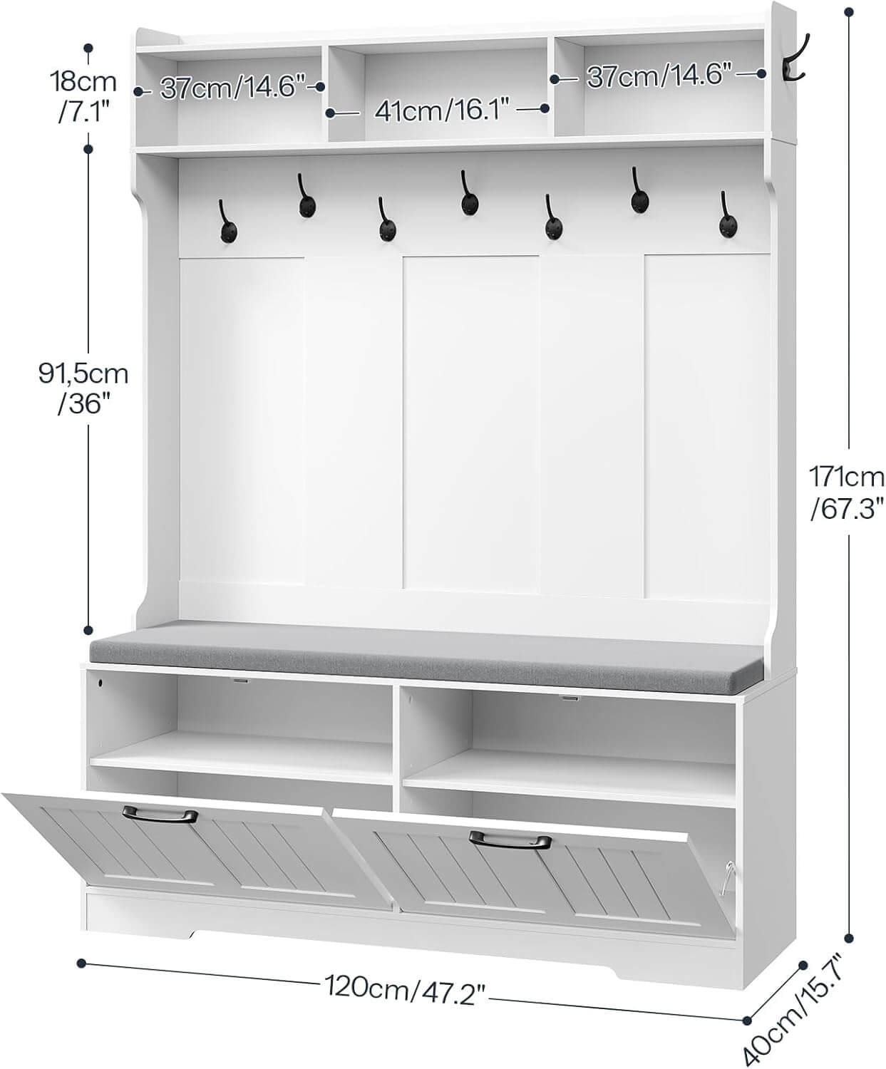 White hallway storage unit with hooks and shelves, showing dimensions on a white background.