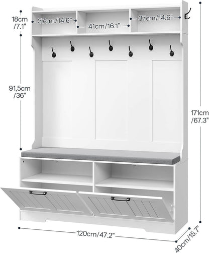 White hallway storage unit with hooks and shelves, showing dimensions on a white background.