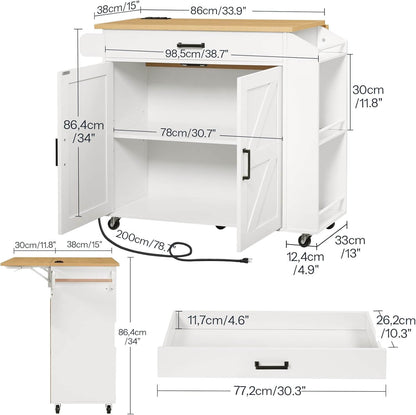 White kitchen island with dimensions labeled on a white background