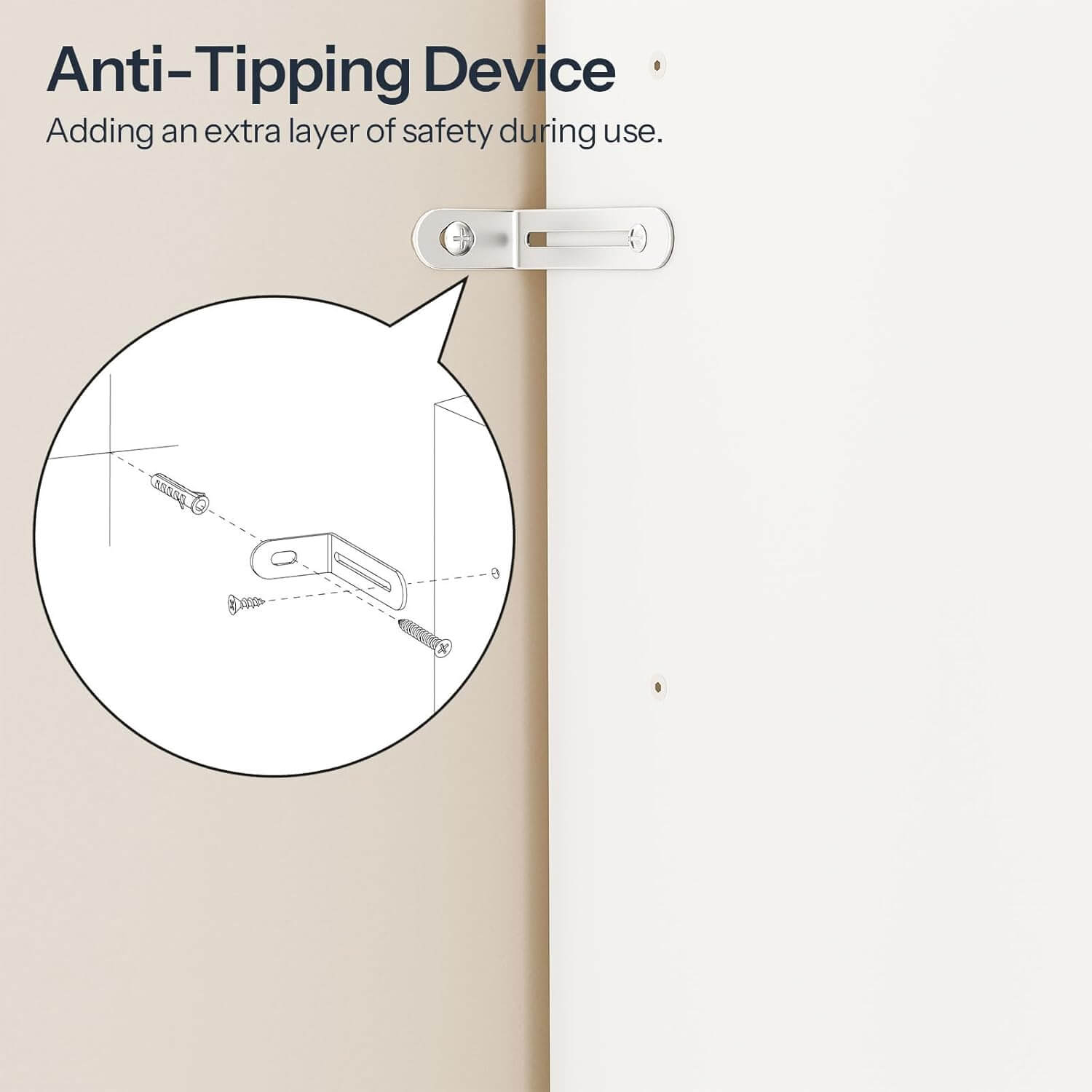 Anti-tipping device attached to a piece of furniture with text explaining its safety feature.