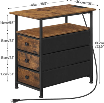 Wooden desk with black metal frame and drawers, showing dimensions on a white background.