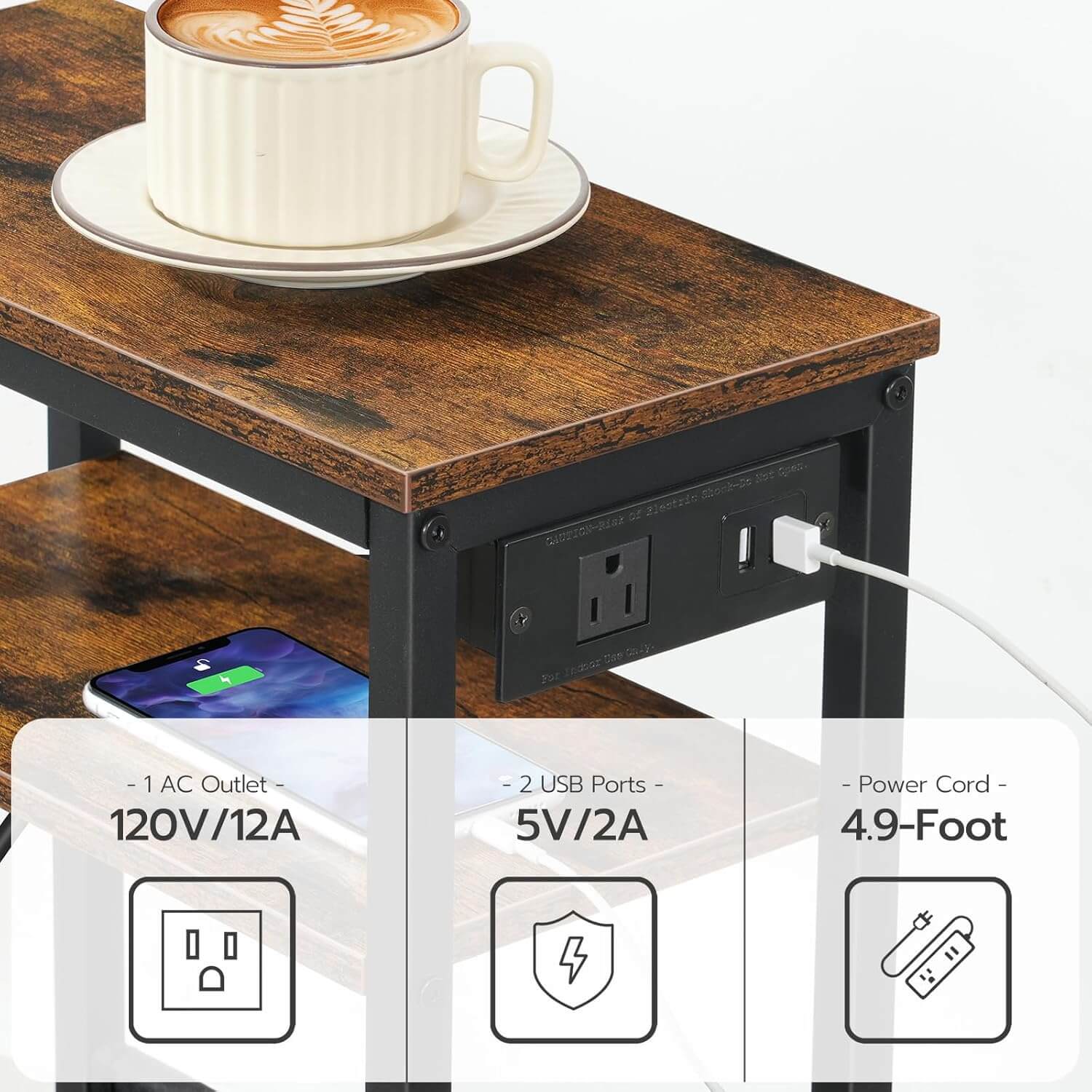 Small wooden table with power outlet, USB ports, and smartphone on a white background