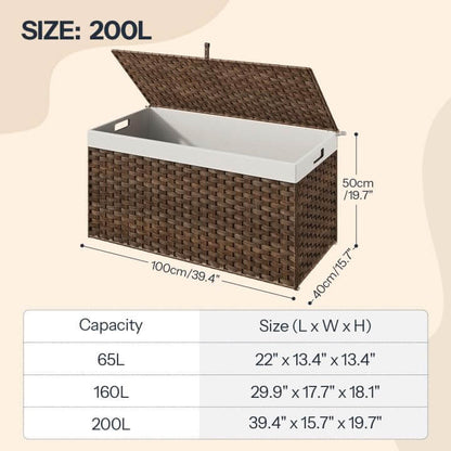 Wicker storage bench with dimensions and capacity details on a beige background