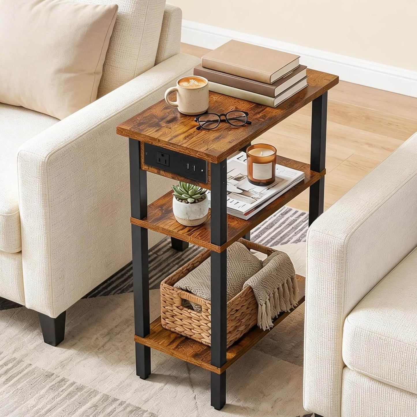 HOOBRO Narrow Side Table, 3-Tier Slim End Table with Charging Station, Skinny Nightstand with Open Storage, for Small Spaces, Living Room, Bedroom, Study, Rustic Brown and Black