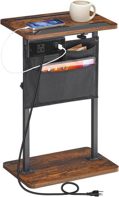 HOOBRO Side Table, Narrow End Table with Charging Station, Height Adjustable Side Table