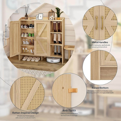 Wooden shoe cabinet with metal handles, rattan-inspired design, and anti-tip kit features.