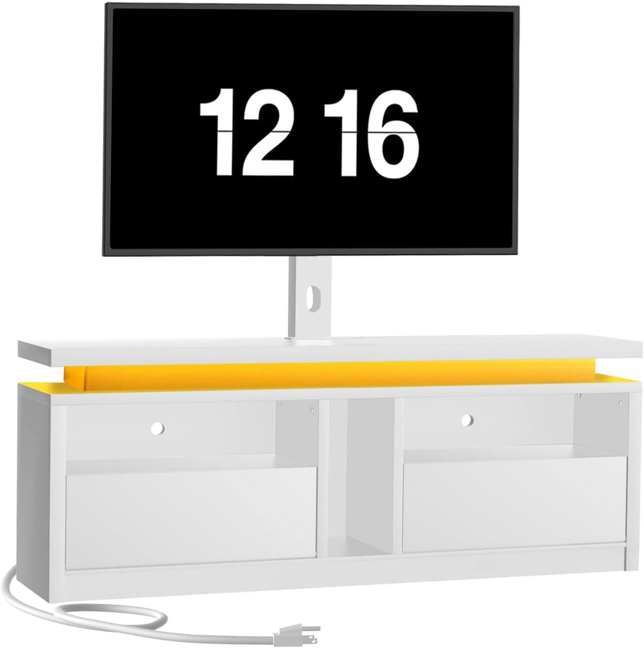 White TV stand with a digital clock displaying '12 16' on a black screen.