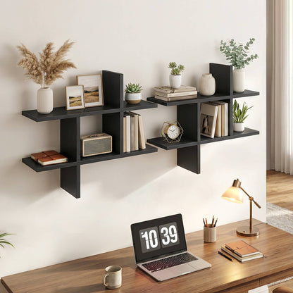 Two black geometric bookshelves joined side-by-side horizontally above a wooden home office writing desk.