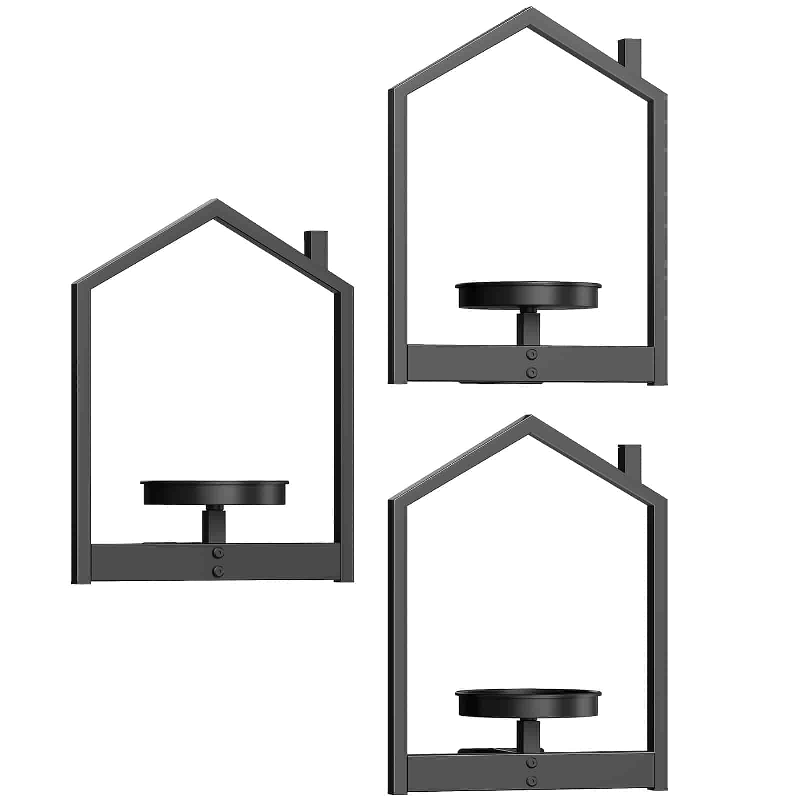 Set of three minimalist house-shaped black metal wire floating shelves for wall decoration.