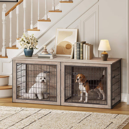 A rustic two-bay pet crate console table with a weathered wood finish and black wire mesh doors, styled in a home entryway with dogs inside and decor on top.