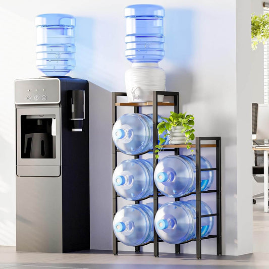 Industrial style 5-gallon water jug holder station with wooden shelves next to an office water dispenser.
