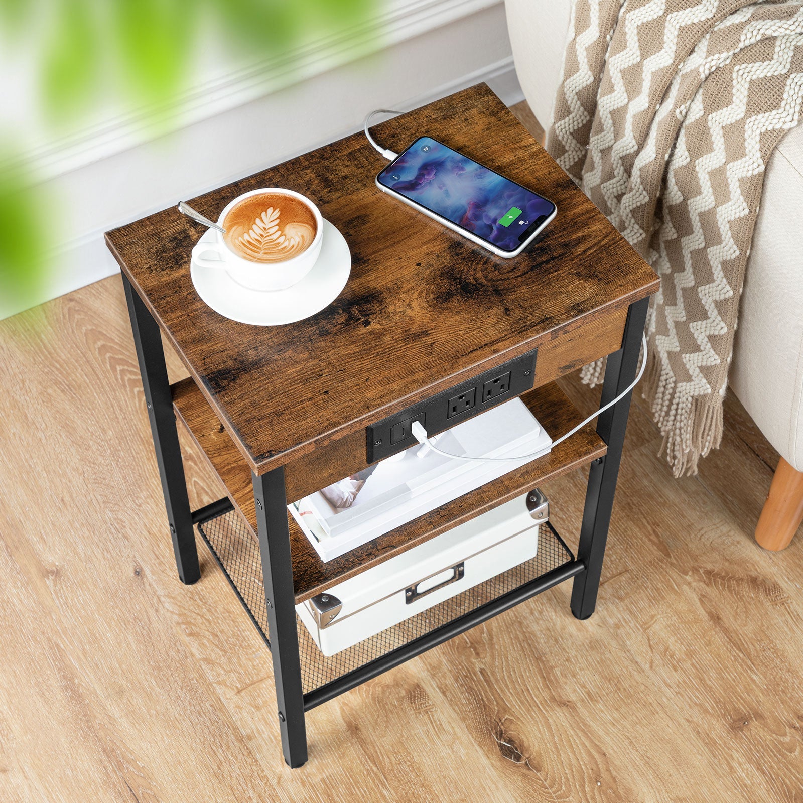 Industrial style accent tabletop with wood grain texture holding a coffee cup and phone charging.