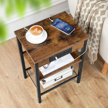 Industrial style accent tabletop with wood grain texture holding a coffee cup and phone charging.