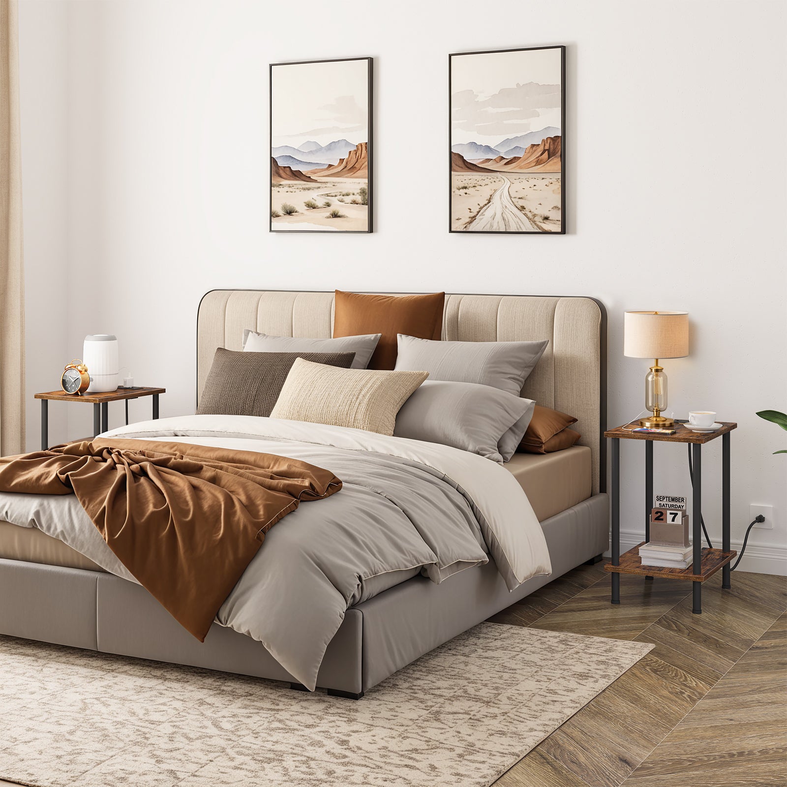 Set of two industrial bedroom nightstands arranged symmetrically on both sides of a double bed.