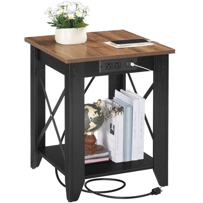Large square industrial end table with charging station holding books, a globe, and a smartphone on its rustic brown wood top.