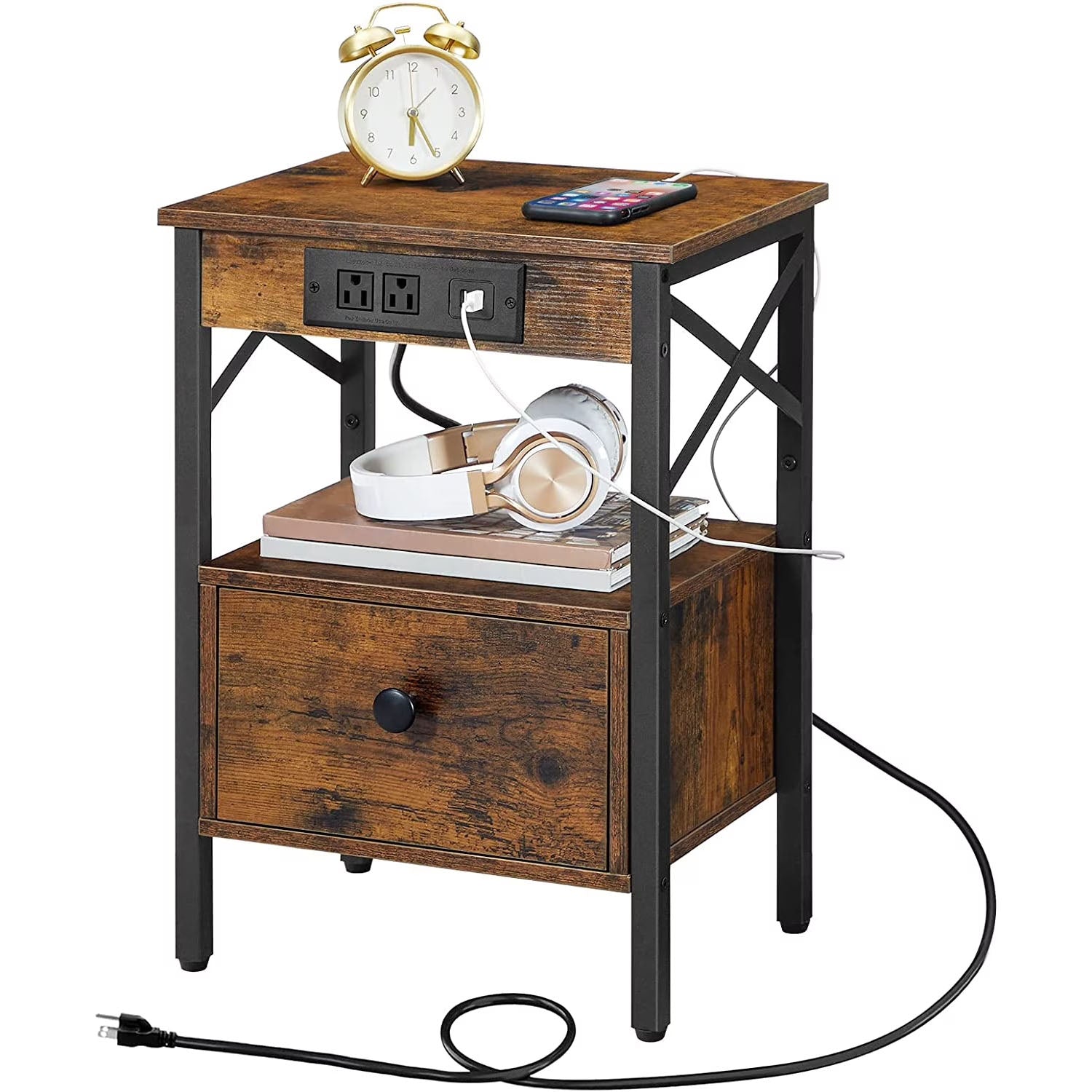 Isometric view of the industrial end table with an open shelf and drawer, holding books, a phone, and a clock.