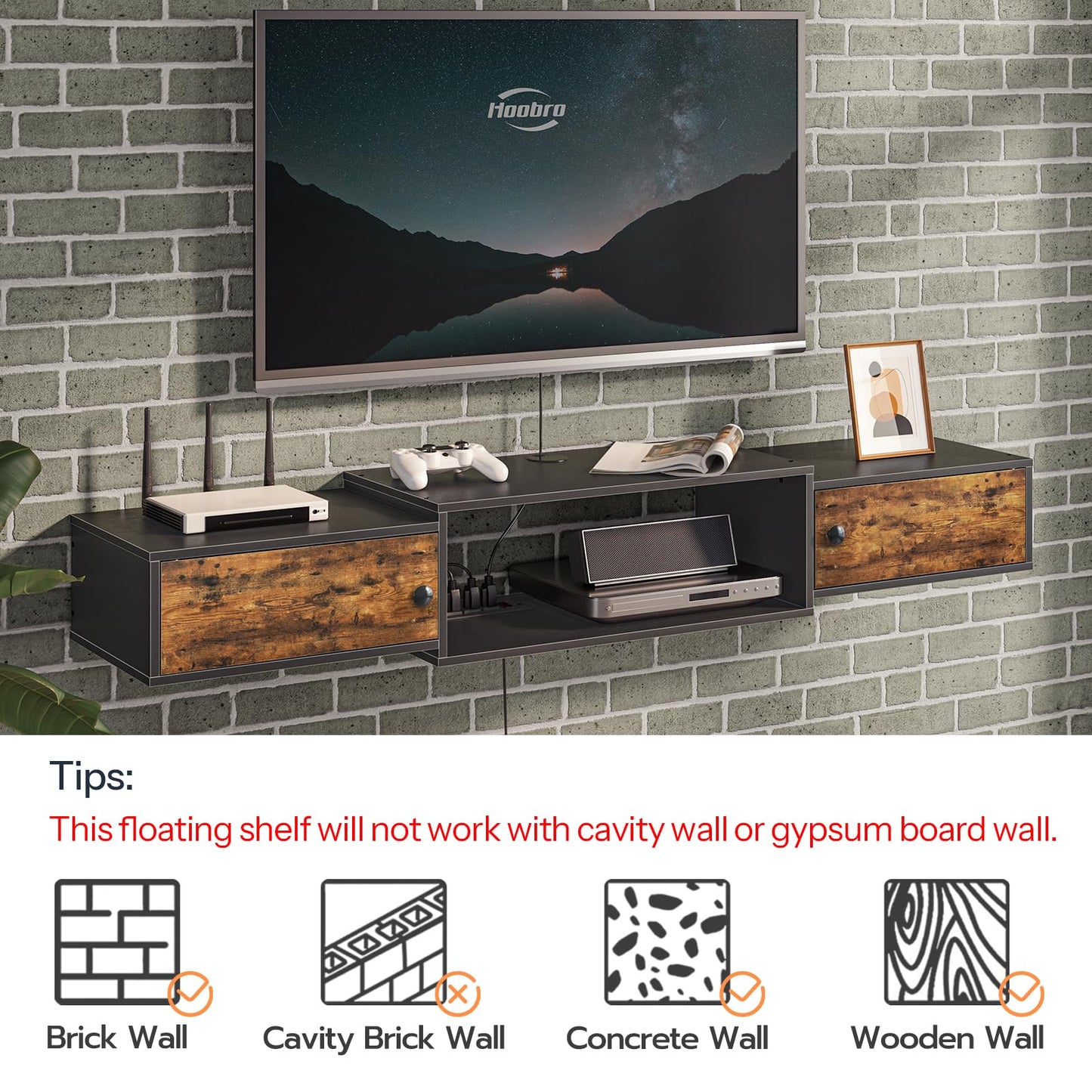 Floating shelf with TV above against a brick wall, featuring a HuoBro TV.