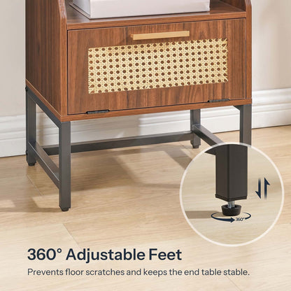 Close-up view of the black industrial metal legs highlighting the 360-degree adjustable leveling feet.