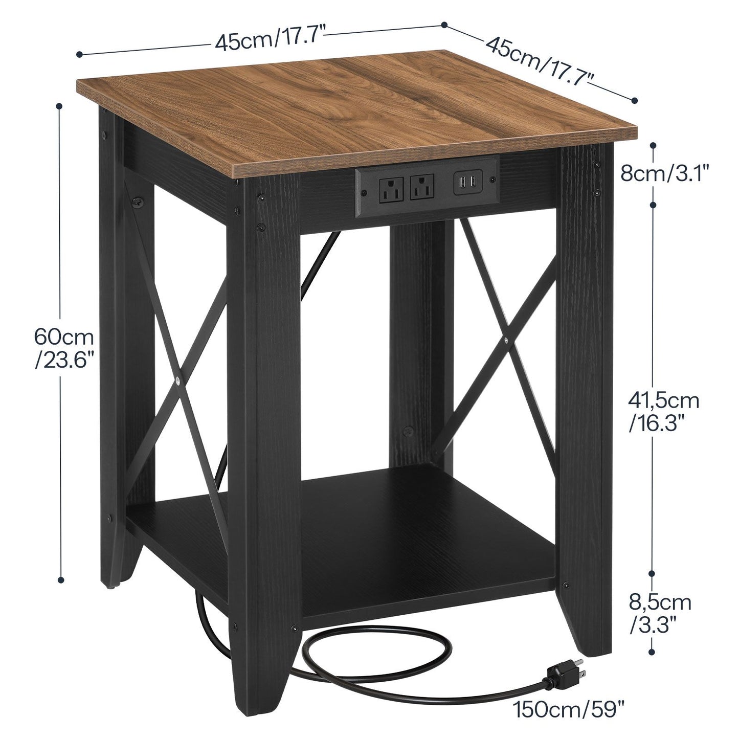  Detailed product size chart diagram showing exact width, depth, height, and lower shelf clearance dimensions of the industrial nightstand in inches.