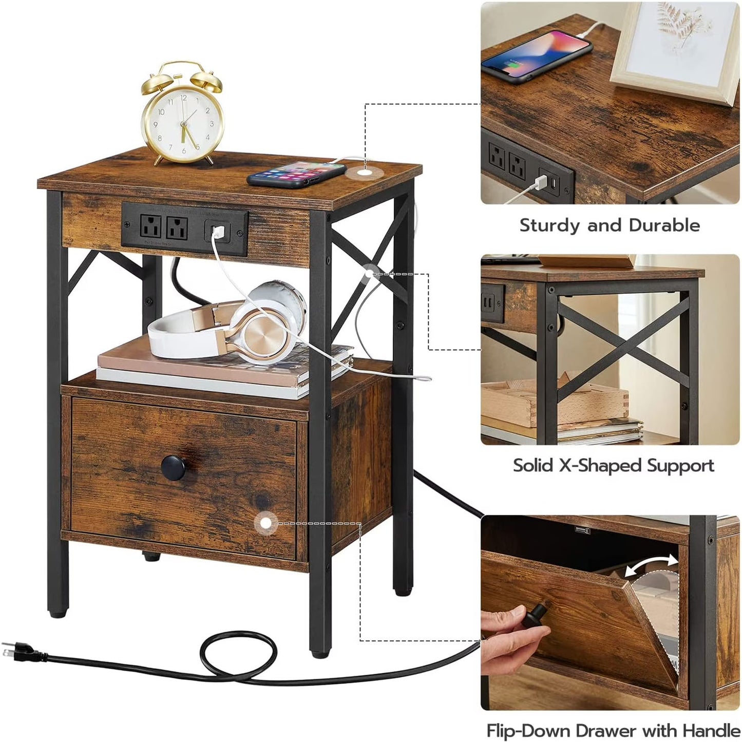 Three-panel close-up showcasing the sturdy X-shaped metal frame, smooth drawer rails, and textured wood top.