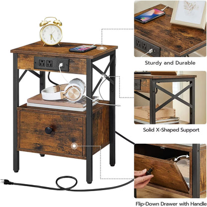 Three-panel close-up showcasing the sturdy X-shaped metal frame, smooth drawer rails, and textured wood top.