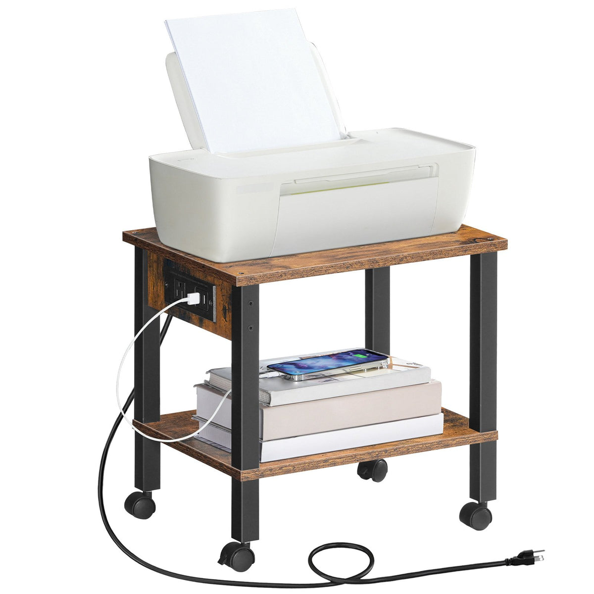  Industrial printer stand with charging station holding a white printer on its rustic brown wood top and a tablet on the lower shelf.