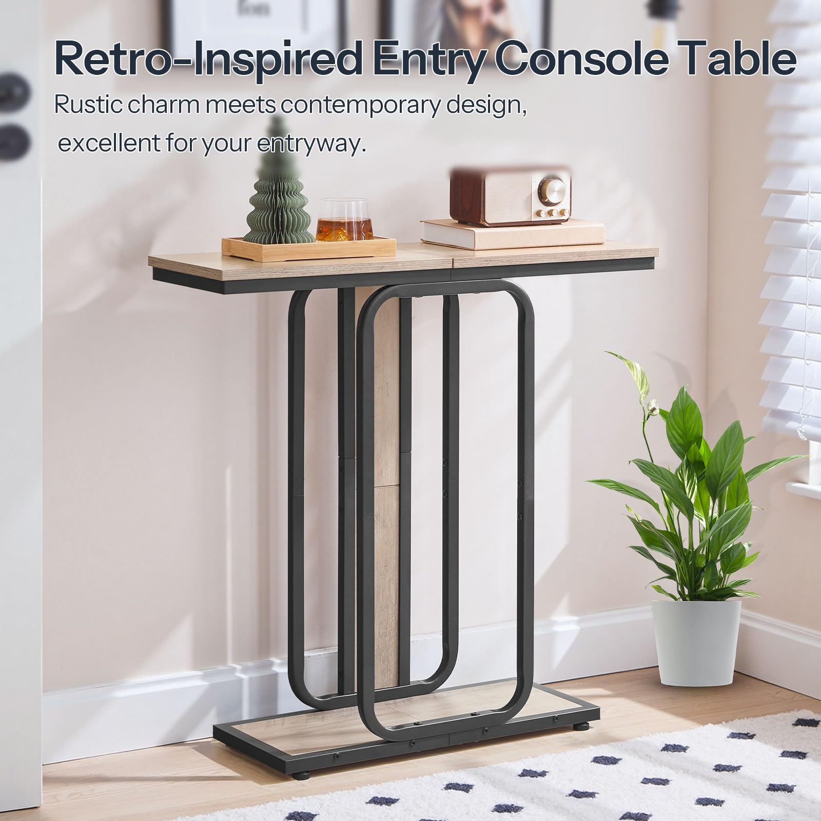 Industrial retro style accent display shelf holding a vintage radio in a narrow entryway corridor.