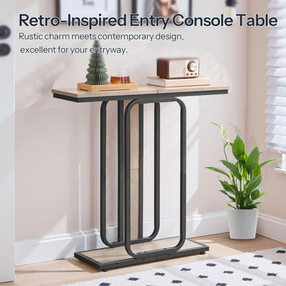 Industrial retro style accent display shelf holding a vintage radio in a narrow entryway corridor.