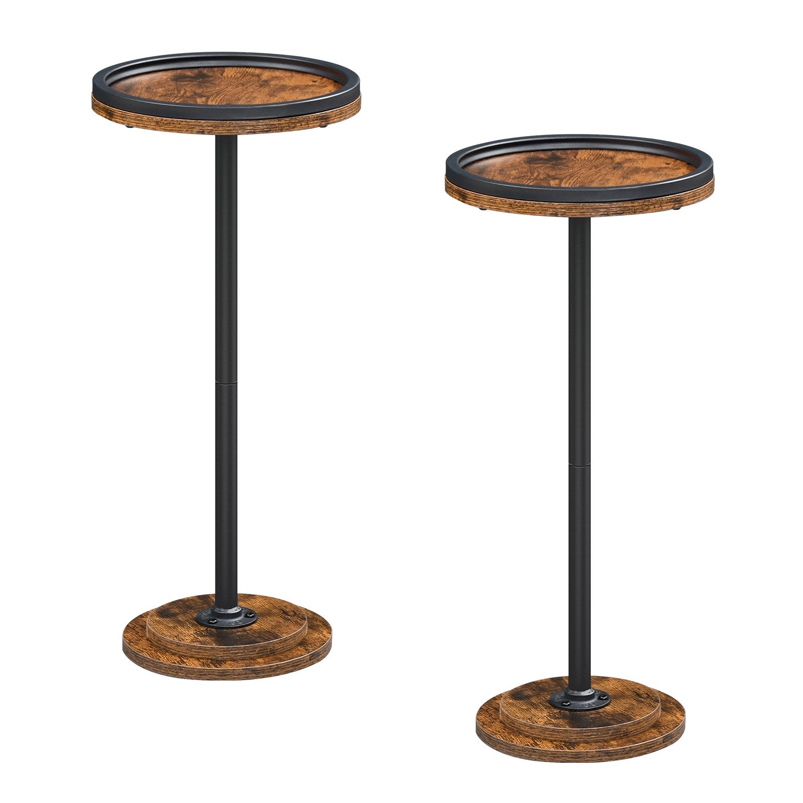Isometric view of two industrial round end tables showcasing different height and size options.
