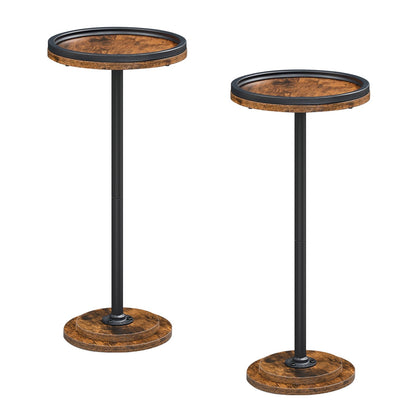 Isometric view of two industrial round end tables showcasing different height and size options.