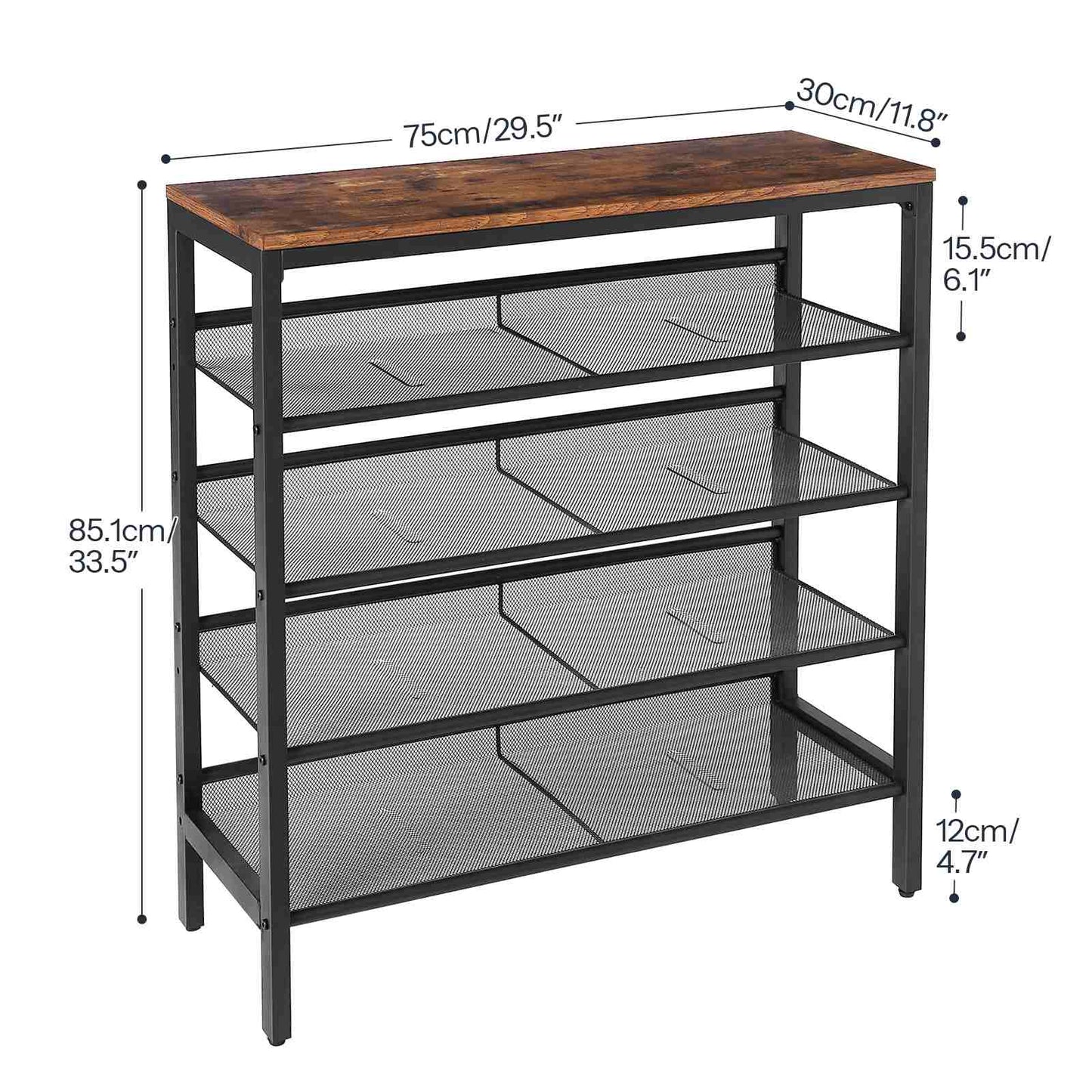 Detailed product size chart diagram showing height, width, depth, and distance between individual shelves in inches.