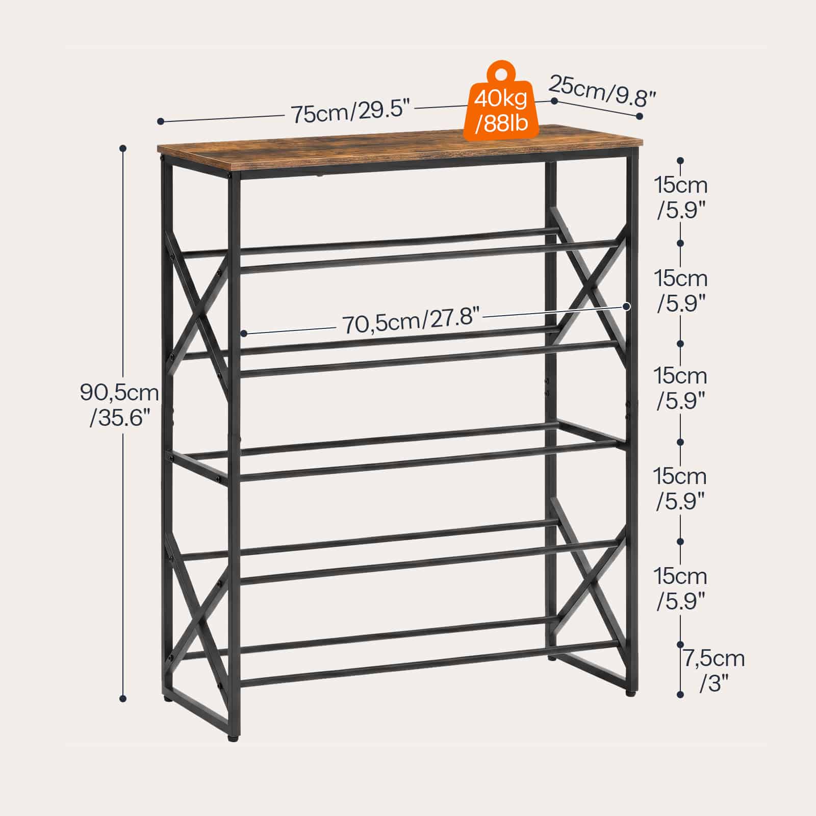 Dimension guide of the industrial shoe tower showing shelf height, width, and weight capacity indicators for each mesh tier.