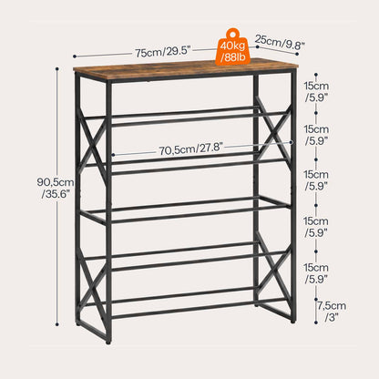 Dimension guide of the industrial shoe tower showing shelf height, width, and weight capacity indicators for each mesh tier.