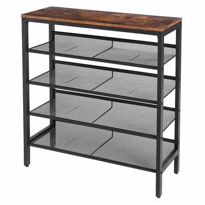  Studio clean white background shot of an empty 5-tier industrial shoe tower with a rustic brown wooden top panel.
