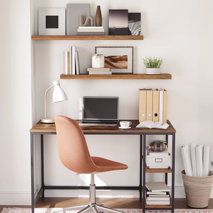 Industrial style study room bookshelf wall-mounted over a computer desk for space saving.